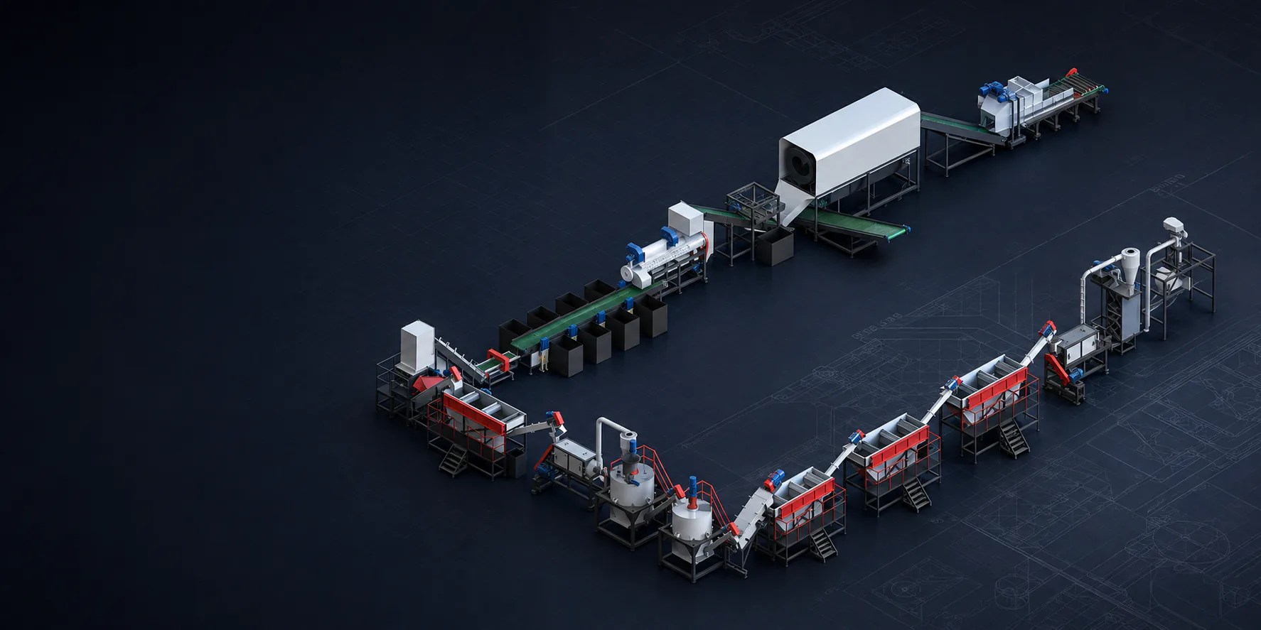 Technical visualization of a complete plastic sorting, washing, drying and pelletizing production line