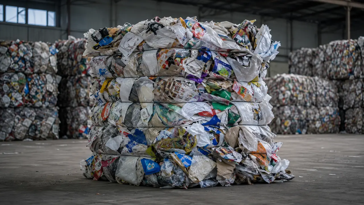 Compressed bale of mixed post-consumer plastic waste in a recycling warehouse