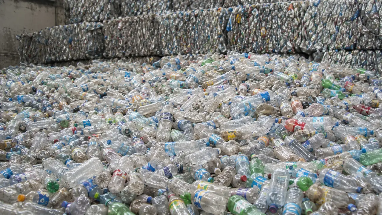 Post-consumer PET bottles and compacted bottle bales ready for recycling