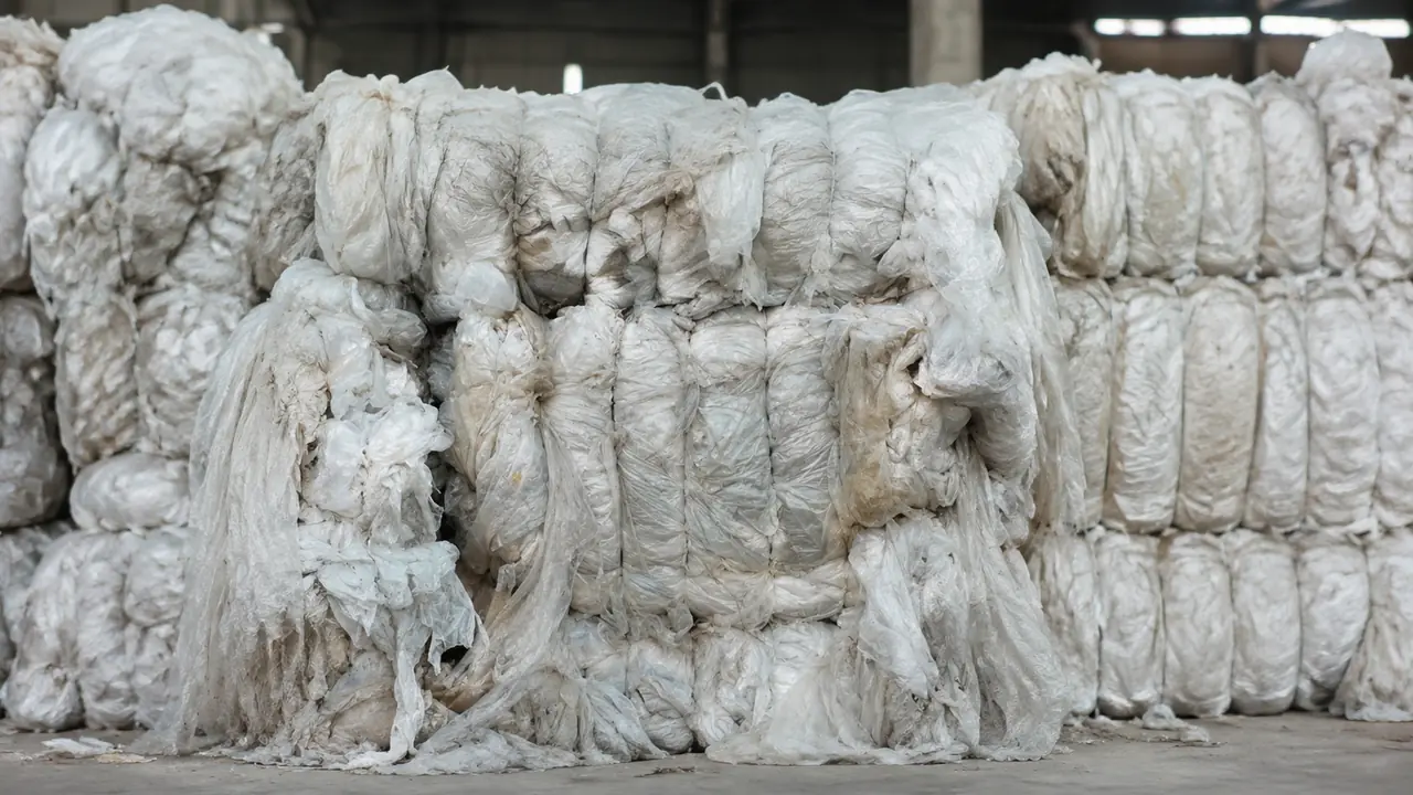 Baled PP and PE plastic film stored in a recycling warehouse