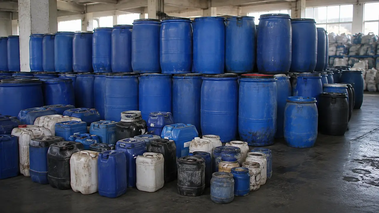 Used HDPE and PP drums and rigid containers collected for recycling