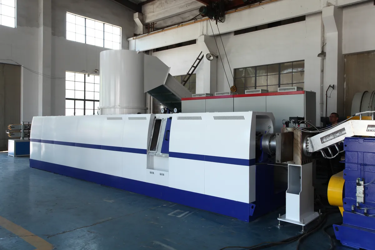 Plastic pelletizing line photographed in the production workshop
