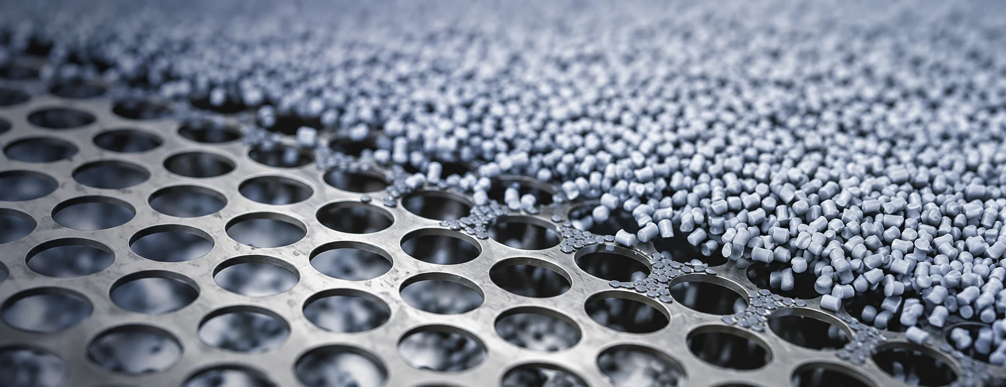 Plastic pellets moving over a perforated screening plate