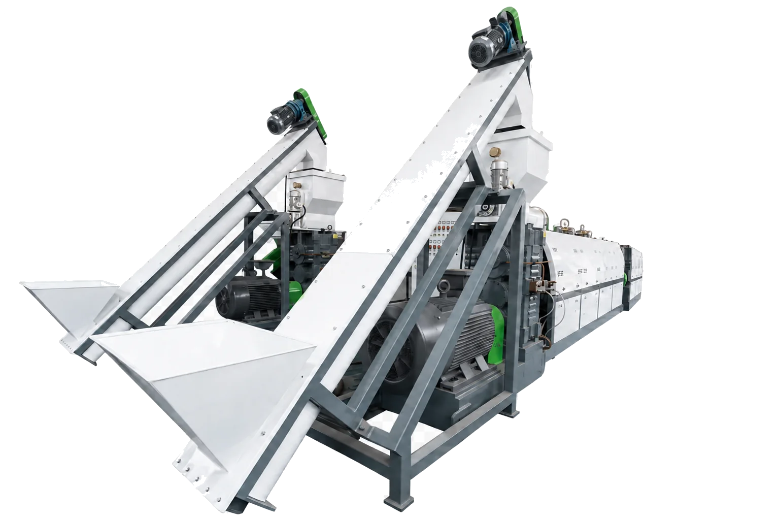 Metering-fed double-stage rigid plastic pelletizing line with twin inclined conveyors